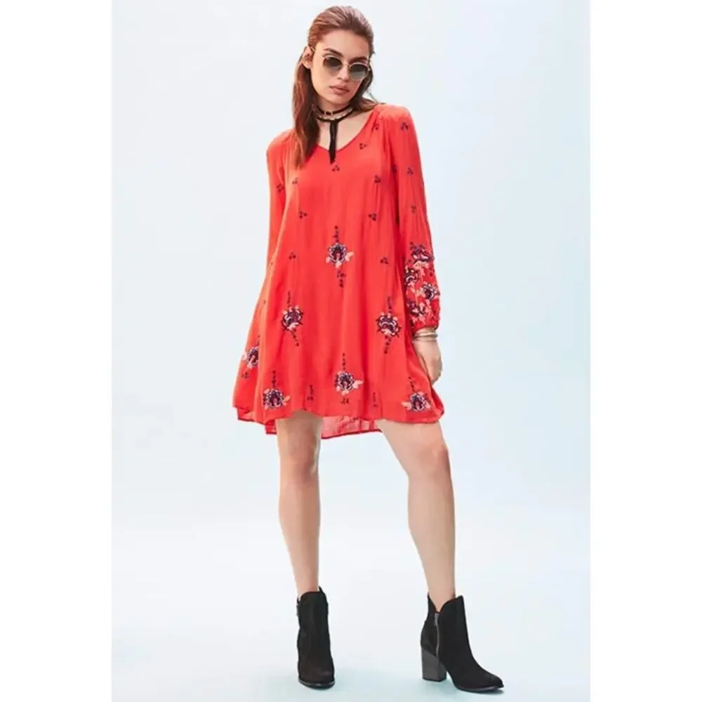 FREE PEOPLE Oxford Embroidered Mini Dress in Coral Red  // S